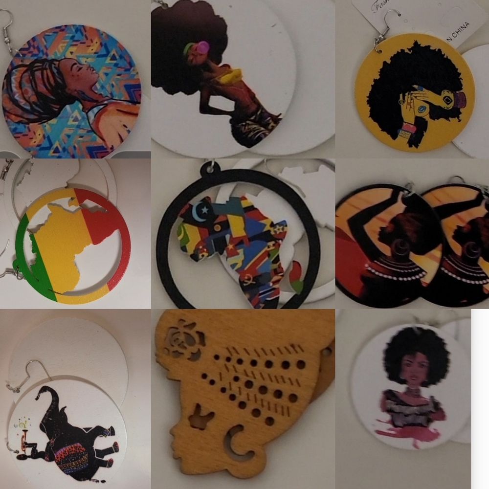Pierce dropped earrings, ethinic imagery on each 2 1/4" in diameter